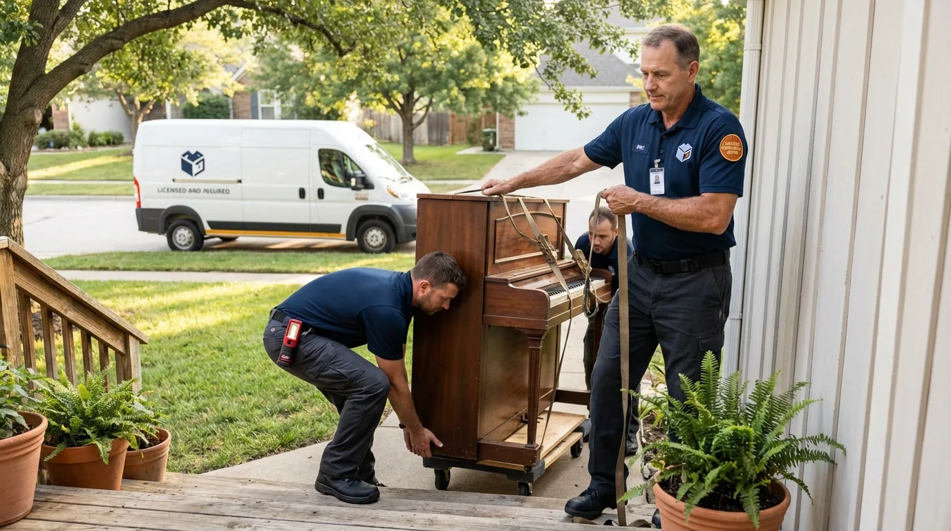 Licensed piano movers securing grand piano in Country Club Hills, IL