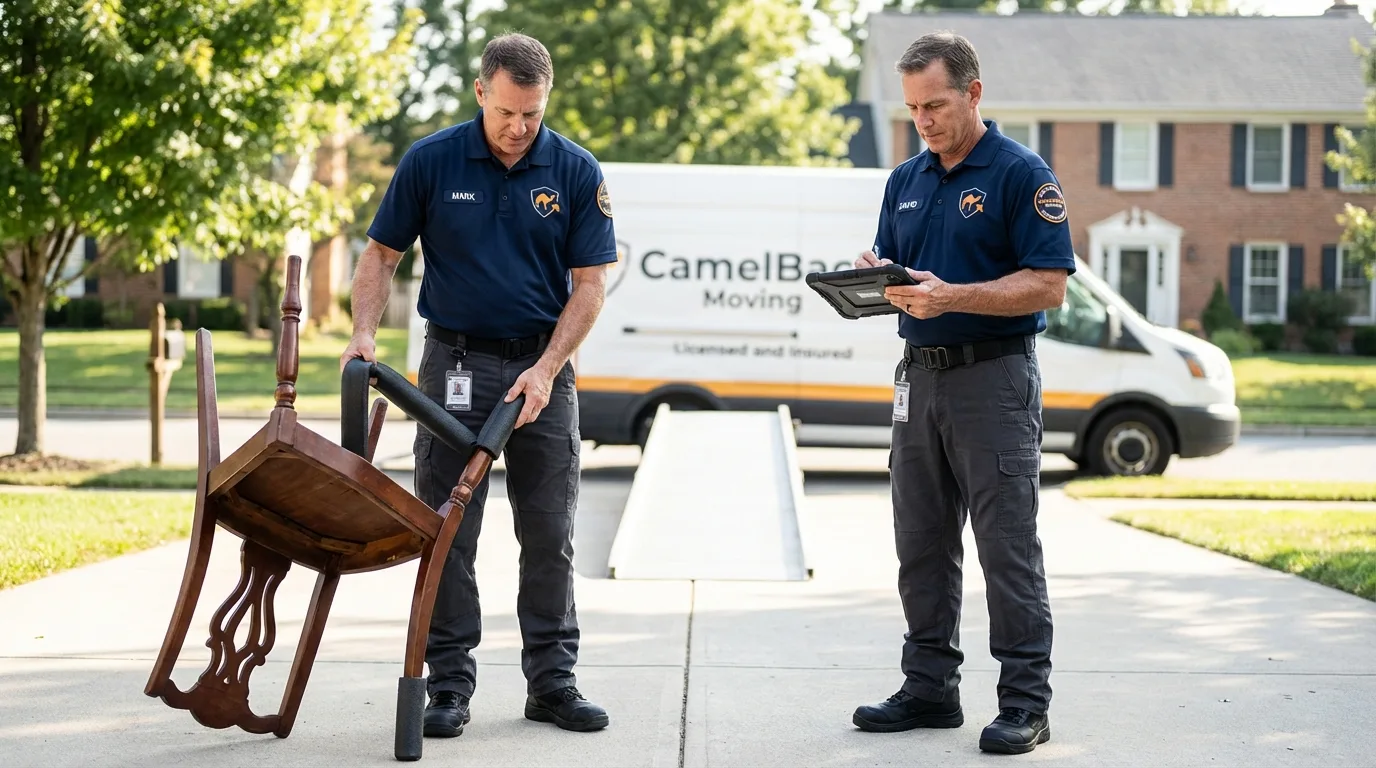 Movers inspecting furniture for damage prevention before loading in Country Club Hills, IL