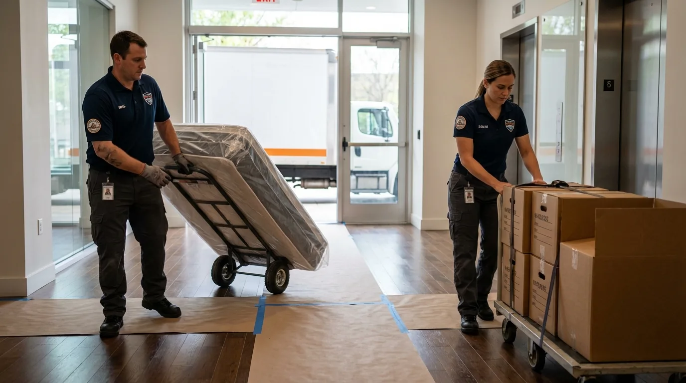 Professional apartment movers loading elevator in Country Club Hills, IL