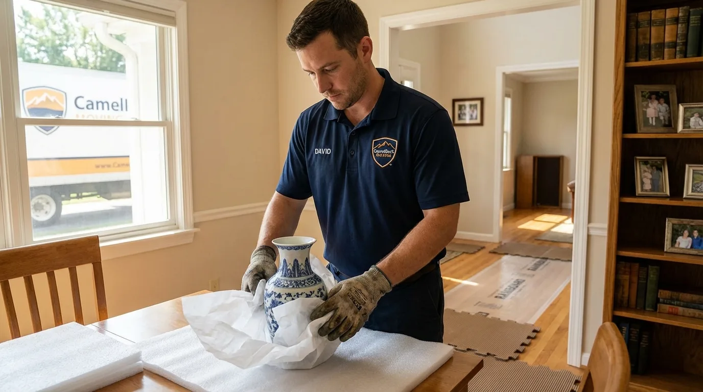 Professional crew carefully wrapping antique vase for senior downsizing move in Country Club Hills, IL